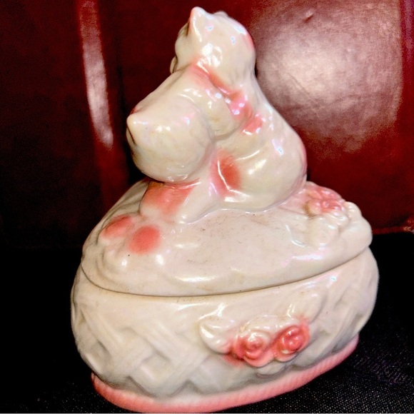 Vintage Lusterware Pink White Two Cat Kitten Heart Shaped Trinket Vanity Box - Picture 2 of 5